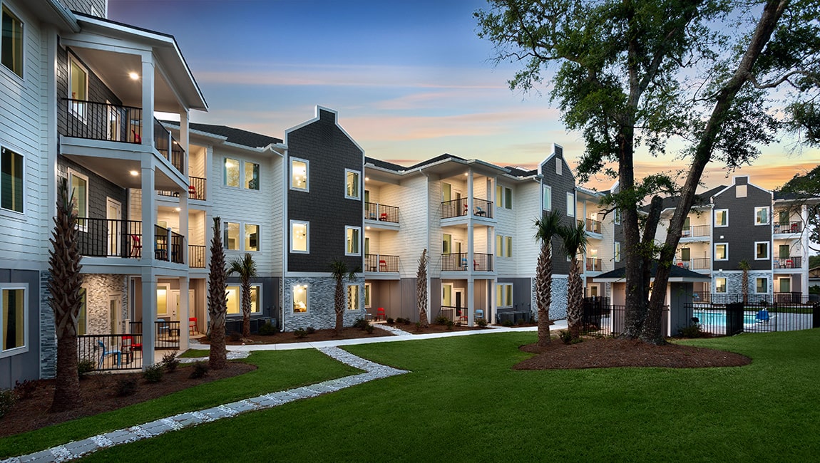 North exterior twilight